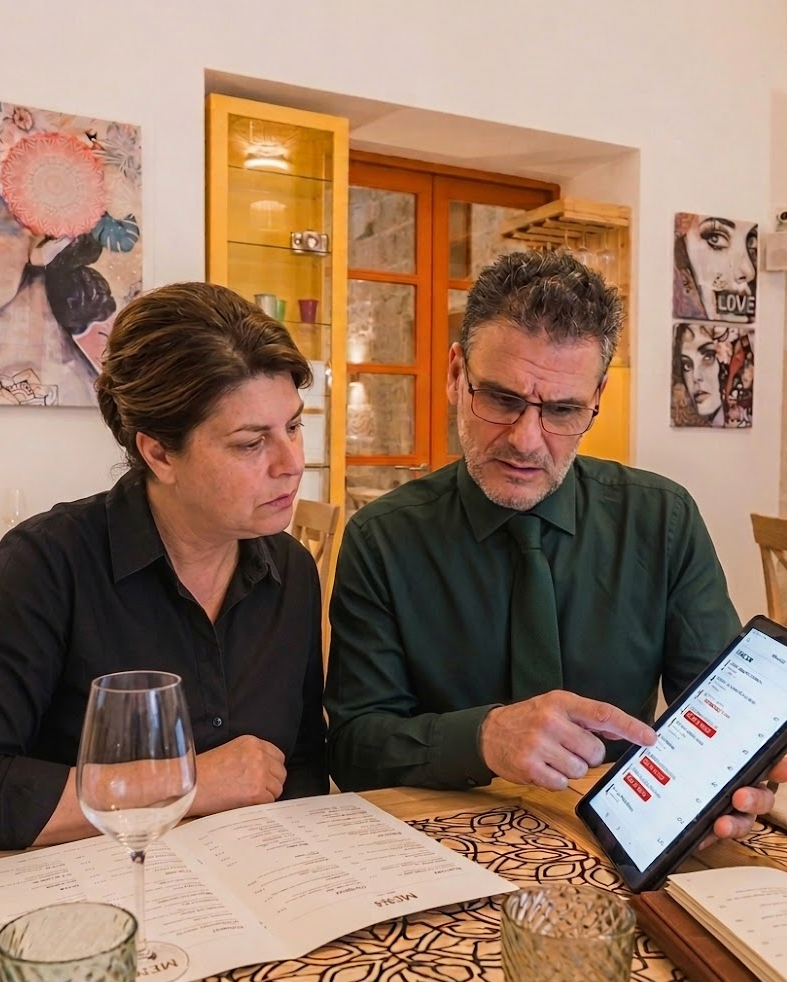 Entwine co-founders Claire and Daniel at a founding-club restaurant